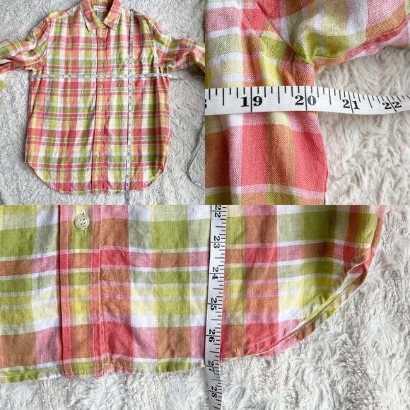 Vintage linen button-down shirt long sleeve plaid blouse watermelon pink green M - Picture 5 of 17